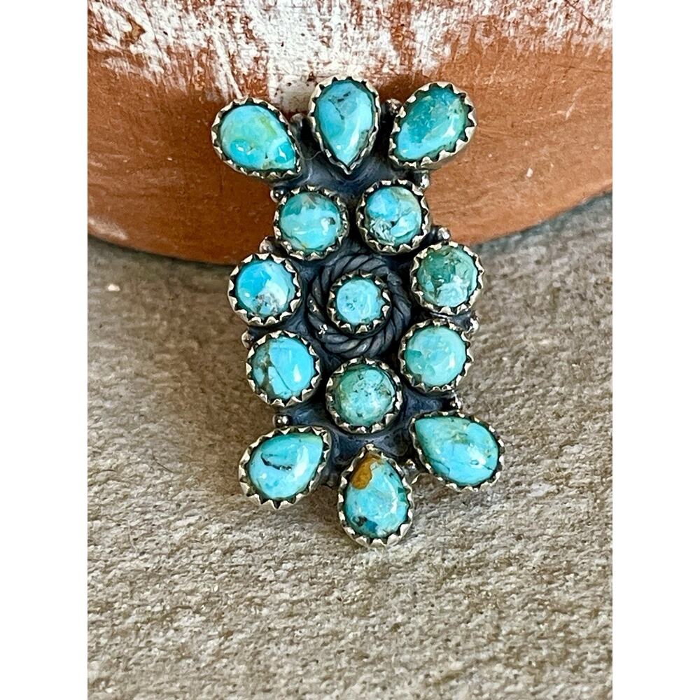 Native Style Southwest Turquoise Cluster Ring Sterling Silver Adjustable Long - Picture 6 of 10
